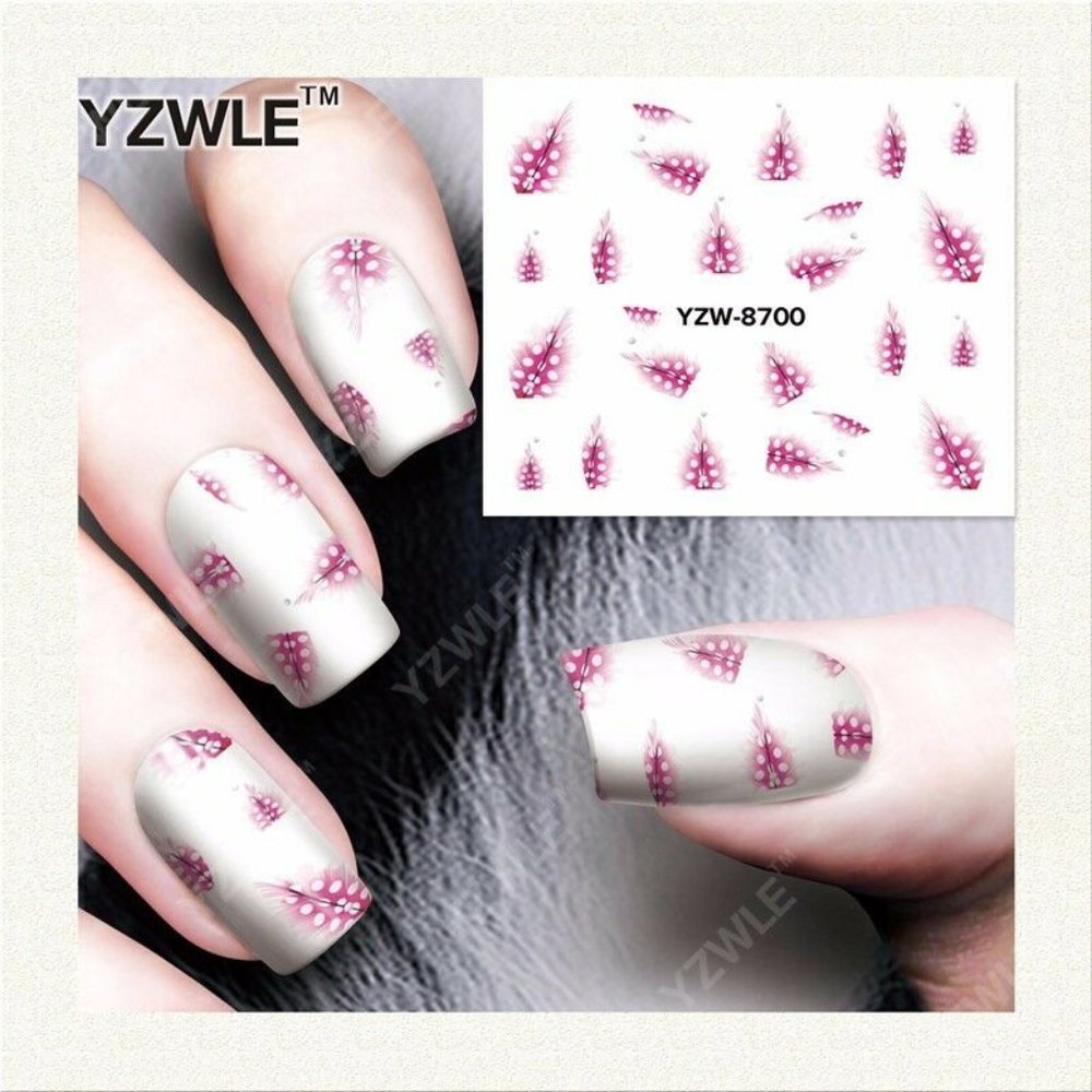 24 Pink Feather Water Nail Art Decals